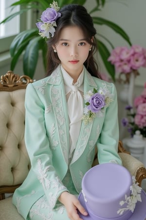 She is having a mint green and purple beautiful flower corsage decoration with top hat in her hand, background filled with beautiful flowers, sitting cross-legged on a rococo couch, cool beauty face, white and lightpurple gorgeous embroidered frilly tie, gorgeous embroidered tie, gorgeous embroidered suit jacket, pants style, beautiful flower corsage decoration on her collar, shooting studio, very beautiful and elegant Japanese girl, Nogizaka46, oblique composition, shooting studio, --ar 4:5 --quality 2 --style raw --stylize 250 --v 6.1