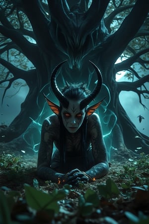 A stunning Oni woman crawling on the ground beneath a creepy, big tree, exuding a sense of glory and power. Her dark, intricate tattoos and glowing neon accents in her horns and eyes stand out against the eerie backdrop. A gigantic phantom emerges from her, casting an ominous shadow. The scene is dimly lit, with moonlight filtering through the tree branches, creating a striking contrast between her beauty and the surrounding darkness. Framed in a dynamic, low-angle shot, capturing the essence of beauty and darkness in a dramatic, high-contrast composition.