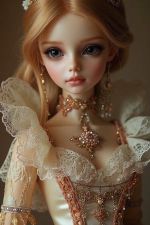 A cute doll dressed in a majestic Victorian dress, adorned with intricate lace details, portraying a queen. The doll is framed in a close-up shot, capturing her delicate features and the elegance of her attire. Soft, warm lighting highlights the regal elements of her outfit. The composition centers on the doll, with a slight tilt to add a graceful touch. The background is a null, solid color to keep the focus solely on the doll's charm and regal presence.