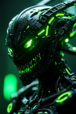 Close-up shot of a sleek, fierce green and black CyborgMechaNeemo, featuring intricate detailing and neon green glowing eyes. The image is octane rendered in HD, with a null background, capturing the intricate design and glowing elements in sharp focus.