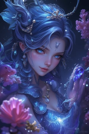 A magical surreal Niji style artwork, featuring a close-up of a mermaid, illuminated by blue, purple, and gold hues. The scene is set in a fantastical underwater world, with whimsical sea creatures and vibrant coral reefs in the background. The mermaid's face is prominently displayed, her eyes and features highlighted with blue, purple, and gold accents, creating a dynamic and enchanting composition. The lighting is surreal, with blue, purple, and gold tones casting a dreamlike and mystical atmosphere.