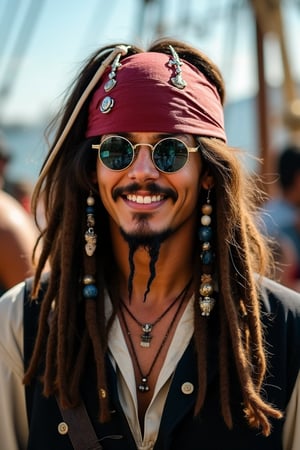 Jack Sparrow from Pirates of the Caribbean wearing round-shaped sunglasses, standing with a mischievous smile, the shot framed from the waist up, soft natural lighting, the composition centered on Jack with the sunglasses reflecting a lively pirate ship background, the outfit blending his iconic pirate attire with a modern twist, creating a playful and adventurous atmosphere.