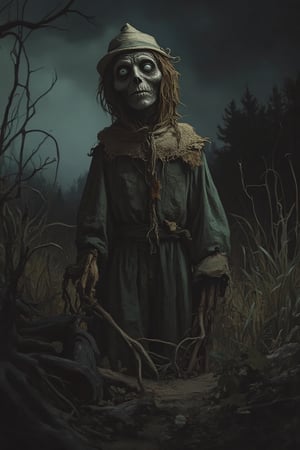 Photo-realistic 60's style of a gloomy scene featuring a scarecrow, dimly lit with shadows cast by a single light source. The scarecrow stands in a field of tall, twisted grass and thick underbrush. Close-up shot, low-key lighting, emphasizing the eerie atmosphere. The scarecrow's face is partially obscured by shadows, its eyes wide and unsettling. The scene is filled with dark, foreboding elements, adding to the haunting mood.