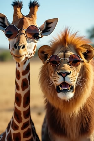 A giraffe and a lion wearing round-shaped sunglasses, standing together with playful expressions, the shot framed from the waist up, natural sunlight highlighting their faces, the composition centered on the duo with the sunglasses reflecting a vibrant savannah background, creating a whimsical and imaginative atmosphere.