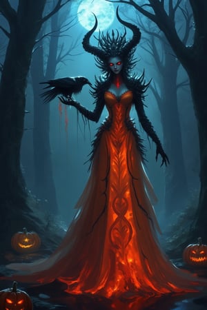 A macabre Halloween scene featuring a demonic woman in an orange dress, her dress glowing with an eerie light, standing in a dark, foggy forest. She holds a raven on her hand, the bird's eyes glowing red. The woman's dress is adorned with intricate patterns that seem to move and shift. She has sharp, menacing features, with glowing red eyes and dark, twisted horns. The composition is centered on her, with the fog and shadows creating a haunting atmosphere. The lighting is dim, with the glow from her dress providing the only source of light, casting long, ominous shadows. The background features Halloween decorations, including jack-o'-lanterns and cobwebs.