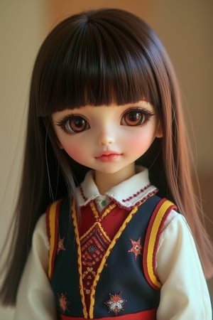 A cute doll with a cheeky expression, wearing a traditional school uniform. The doll is framed in a mid-shot, capturing her playful demeanor and the details of her outfit. Soft, warm lighting highlights her mischievous smile and the vibrant colors of the uniform. The composition centers on the doll, with a slight tilt to add a dynamic feel. The background is a subtle, muted pattern to keep the focus on the doll's charm.