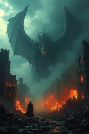 A village lies in ruins, engulfed in flames and smoke, as a colossal dragon descends from the sky, its wings casting a dark shadow over the devastation. The dragon's fiery breath lights up the night, and the ground is littered with debris and fleeing villagers. The scene is framed with a wide-angle shot, capturing the scale of the destruction and the dragon's overwhelming presence. The composition conveys the epic, apocalyptic atmosphere of the Armageddon-like event.