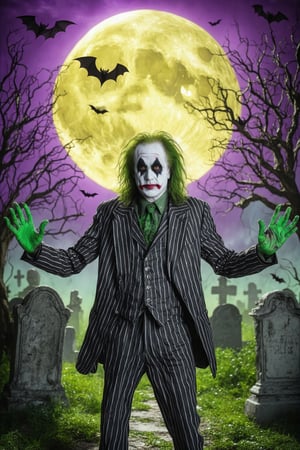 A Midjourney Raw Image Style, full-body portrait of a realistic Beetlejuice in his iconic striped black and white suit, posing with arms outstretched. He has white skin, long acid green hair covering part of his face, black circles around his eyes, and dark eye shadow. The scene features graves with green zombie hands sticking out, a bright yellow moon, bats flying away, and creepy dry trees. The cemetery is illuminated with characteristic vibrant green and purple gel lights, reminiscent of a Tim Burton movie. The composition is dynamic and eerie, blending the vibrant colors with the dark, spooky atmosphere.