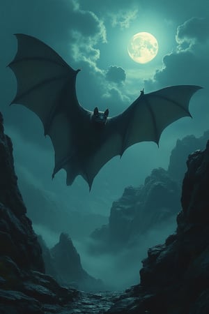 A gigantic flying bat soars majestically through a moonlit sky, its massive wings casting a sweeping shadow over the landscape below. The bat's fur is sleek and dark, with a subtle, iridescent sheen. The scene is set in a rugged, mountainous terrain, with the moon's light illuminating the peaks and valleys. The composition captures the bat's awe-inspiring size and grace, framed by the vast, dramatic sky and the rugged, mysterious landscape.