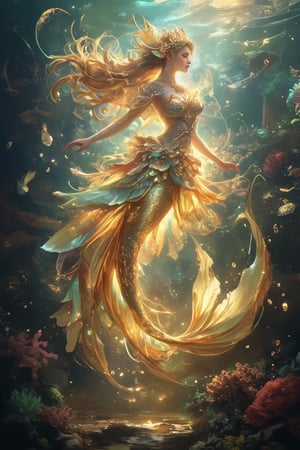 A magical surreal Niji style artwork, featuring a beautiful mermaid with flowing hair and a radiant tail, illuminated by metallic gold hues. The scene is set in a fantastical underwater world, with whimsical sea creatures and vibrant coral reefs in the background. The mermaid is gracefully swimming, her tail shimmering with metallic gold accents, creating a dynamic and enchanting composition. The lighting is surreal, with metallic gold tones casting a dreamlike and mystical atmosphere.,Enormous Magic Spell 