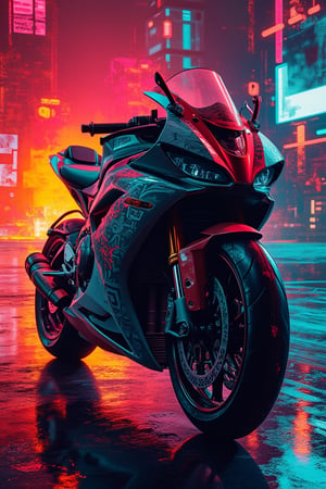 A mixed media image of a superbike, framed mid-shot with dramatic, high contrast lighting. The bike is sleek and detailed, with intricate textures and vibrant colors. The background is abstract and dynamic, blending digital and traditional elements.