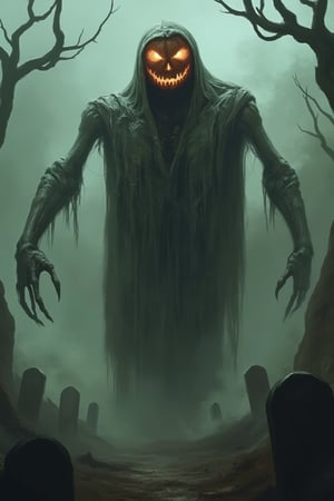 A towering eldritch monster, a skeletal figure draped in a tattered, ghostly robe, walks through a desolate, fog-covered graveyard. The creature's head is a carved Halloween pumpkin, its eyes and mouth glowing with an eerie, orange light. The scene is bathed in an unsettling, greenish light, with twisted tombstones and skeletal trees framing the monster. The composition is dynamic, capturing the skeletal figure mid-stride, its bony hands clutching the torn robe, with a low-angle shot to emphasize its immense size and terror.