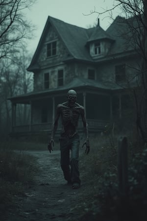 A half-medium shot of a zombie, its decaying body and tattered clothing visible from the waist up. The zombie stands with a vacant, menacing expression, framed by the looming silhouette of a haunted mansion behind him. The mansion is decrepit, with broken windows and overgrown vegetation, adding to the eerie atmosphere. The lighting is dim and shadowy, with the mansion casting long, creepy shadows. The composition emphasizes the zombie's decay and the haunted setting, creating a sense of dread and foreboding.