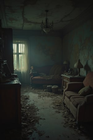 Photo-realistic 60's style of a gloomy abandoned room, dimly lit with shadows cast by a single light source. The room is cluttered with old furniture, peeling wallpaper, and a dusty chandelier. Close-up shot, low-key lighting, emphasizing the eerie atmosphere. The scene is filled with dark, foreboding elements, adding to the haunting mood. The room's decay and disarray create a tense and chilling effect.