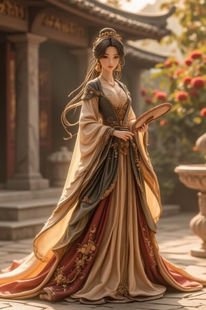 A detailed figurine of a princess in a majestic ancient dress, standing gracefully with a serene expression. The scene is set in an ancient palace courtyard, with stone pillars and blooming flowers in the background. The lighting is soft and golden, highlighting the intricate embroidery and flowing fabric of the dress. The composition is centered, with the princess holding a delicate fan, capturing the essence of elegance and nobility.