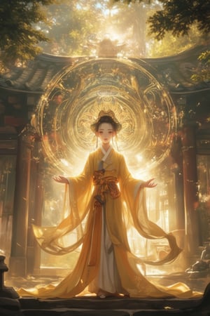 Kawacy Attire Anime Art, a girl in a yellow hanfu standing in a serene shrine. The hanfu is intricately detailed, with flowing fabric and delicate patterns. The girl's expression is serene, with soft, glowing skin and gentle eyes. The shrine is ancient and peaceful, with soft, dappled sunlight filtering through the trees. The lighting is soft and diffused, highlighting the girl's graceful beauty. The composition is balanced, with the girl centered and the shrine framing her elegantly.,Enormous Magic Spell 