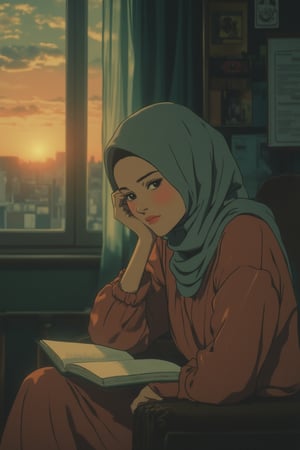 An anime scene with muted retro colors, featuring a Malay Muslim woman leaning her head while reading a book in a cozy room during the evening. She sits comfortably, her hijab and modest attire blending with the warm, soft lighting. The composition captures her serene expression and the intimate atmosphere of the room, with subtle details of vintage decor and the setting sun's glow adding to the nostalgic charm. The muted retro palette enhances the scene's contemplative mood.