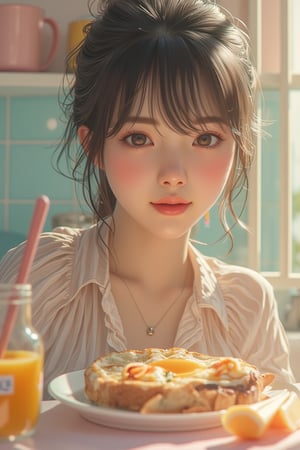 Hyper-realistic anime girl, close-up face, having breakfast at a kitchen table, dressed in casual attire, soft morning lighting, centered composition, detailed facial features, warm skin tones, gentle smile, slight blush, serene expression, modern kitchen background, pastel color palette, slight breeze in hair, calm atmosphere.