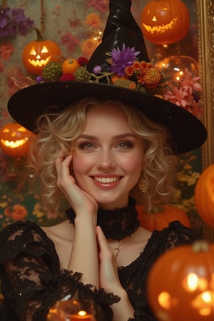 A woman in a Pixomeda style, vibrant and surreal. She is framed in a full-body shot, surrounded by Halloween-themed elements like pumpkins, exuding a playful and whimsical vibe. Soft, warm lighting highlights her elegant features and joyful expression. Her pose is relaxed, with a bright smile. The composition is balanced, with intricate details and a dreamlike atmosphere. The background is a colorful Halloween setting, enhancing her enchanting and festive presence.