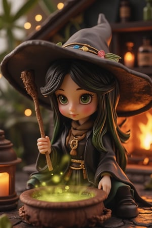 A detailed figurine of a cute witch, holding a magic stick to mix a bowl of potion. The scene is set in a cozy, enchanted cottage with a fireplace and shelves filled with spell ingredients. The lighting is warm and inviting, highlighting the witch's playful expression and the bubbling potion in the bowl. The composition is centered, with the witch's magic stick stirring the potion, capturing the essence of whimsy and enchantment.