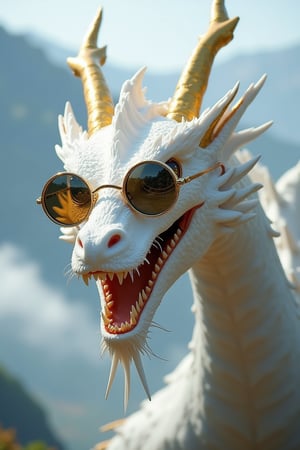 A majestic white and gold dragon wearing round-shaped sunglasses, soaring through the sky with a regal and powerful expression, the shot framed from a low angle to capture the grandeur of the dragon, soft natural lighting, the composition centered on the dragon with the sunglasses reflecting a serene mountain landscape, creating a majestic and awe-inspiring atmosphere.