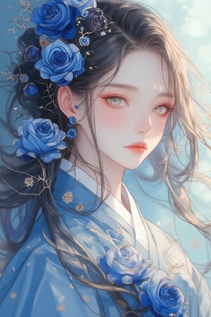 Kawacy Attire Anime Art, a girl in a flowy hanfu adorned with blue and black roses. The hanfu is intricately detailed, with flowing fabric and delicate patterns. The girl's expression is serene, with soft, glowing skin and gentle eyes. The blue and black roses are delicately arranged on her hanfu, creating a harmonious, pastel-colored atmosphere. The lighting is soft and diffused, highlighting the girl's graceful beauty. The composition is balanced, with the girl centered and the roses framing her elegantly.