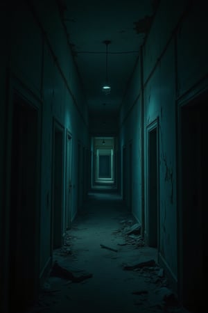 A cinematic close-up shot of a dimly lit, eerie hallway in an old, decrepit house. The walls are peeling, with dark shadows lurking in the corners. The camera slowly pans down the hallway, revealing a flickering light at the end. The atmosphere is tense and unsettling, with a sense of impending horror. The composition draws the viewer's eye towards the source of the light, creating a suspenseful and ominous mood.