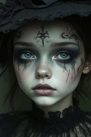 A close-up portrait inspired by Nicoletta Ceccoli and Daria Petrilli, featuring a woman with fairy tale Halloween makeup on her face. Her expression is serene, with large, expressive eyes and intricate, whimsical makeup. The lighting is soft and eerie, highlighting her delicate features. The composition is centered, capturing the intricate details of her face and the enchanting, Halloween-themed atmosphere.