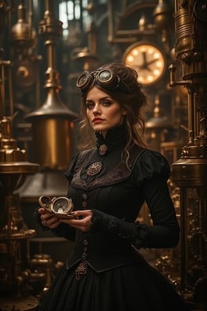 A steampunk ambience with a woman standing in the foreground, surrounded by intricate gears and brass machinery. The scene is illuminated by warm, ambient lighting, casting long shadows. The woman is dressed in a Victorian-era outfit with goggles and a corset, holding a delicate pocket watch. The background features a steam engine and various mechanical contraptions. The composition is balanced, with the woman in the center, framed by the detailed environment.