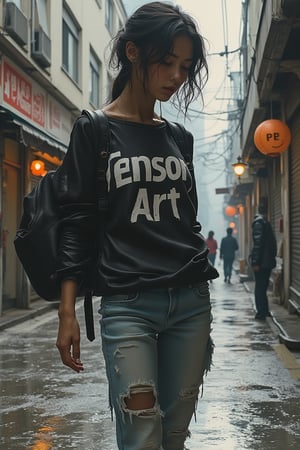 Yoji Shinkawa art style, a woman wearing a sweater with TENSOR ART written on it, sneakers, denim jeans, and holding a backpack, intricate ink lines and metallic textures, dynamic shadows, woman with a casual pose, street with urban elements, soft ambient lighting, mid-shot capturing her and the urban environment, atmospheric and moody composition.