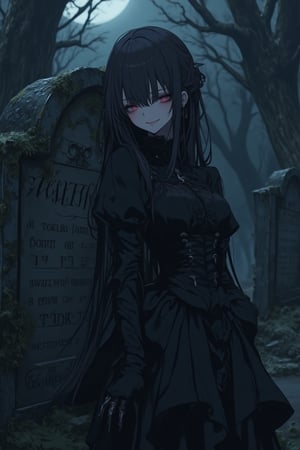 A dark, gothic anime scene with a Nightcore aesthetic. The girl has long, flowing hair and is dressed in a dark, ornate Victorian-style dress. She stands in a dimly lit, eerie graveyard, leaning against a creepy tombstone with moss-covered inscriptions. The girl is smiling mischievously, her eyes glowing with a sinister light. The composition is centered on her, with the background slightly blurred to emphasize her presence. The lighting is moody, with deep shadows and a hint of moonlight breaking through the canopy.