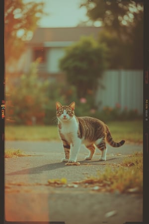 A VHS effect-laden image of a cat on a road, capturing the nostalgic graininess and color distortions. The scene is framed with the cat in the center, standing on a grassy area near a garden. The lighting is soft and diffused, with a warm, golden hue. The composition emphasizes the cat's curious pose, with the garden in the background. The shot is slightly tilted, adding to the vintage feel.