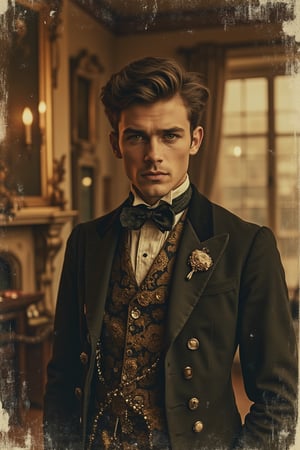 A faded old photo with a 1940s vibe, featuring a handsome man dressed in steampunk Victorian clothing. The shot is framed in a mid-close-up, capturing his intricate and elaborate outfit, with soft, warm lighting enhancing the vintage atmosphere. The composition highlights the man's unique attire and his confident presence, creating a nostalgic and imaginative scene. The photo's edges are slightly worn, adding to the antique charm.