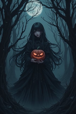 A dark, gothic anime scene with a Nightcore aesthetic. The girl has long, flowing hair and is dressed in a dark, ornate Victorian-style dress. She stands in a dimly lit, eerie forest, surrounded by twisted trees and fog. The girl is holding a creepy ghoul pumpkin, its face carved with a sinister grin. The composition is centered on her, with the background slightly blurred to emphasize her presence. The lighting is moody, with deep shadows and a hint of moonlight breaking through the canopy.