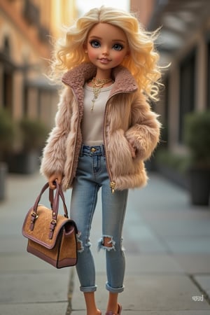 A cute doll with blonde hair styled in playful curls, wearing a cozy fur jacket over cute denims. She holds a stylish handbag and stands confidently in nice heels. The scene is framed in a mid-shot, capturing her full outfit and accessories. Soft, warm lighting highlights her playful expression and fashionable attire. The background is a chic urban setting, with a slight tilt to add a dynamic feel.