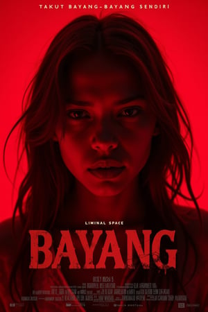 A movie poster featuring a beauty girl with an annoying face, set against a vibrant red background. The top title BAYANG is in a grunge bold font, standing out prominently. Below, in small white text, reads Takut Bayang-bayang sendiri. The composition is centered, with the girl's face framed in the middle, creating a striking contrast against the red backdrop. The lighting is dramatic, highlighting her exaggerated expression. The overall design is gritty and edgy, fitting the liminal space theme, evoking a sense of unease and intrigue.