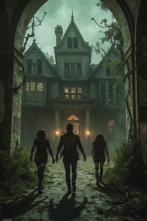 A big haunted mansion in punk style, eerie and decaying, with gothic architecture and overgrown vegetation, the mansion adorned with graffiti and punk elements like spikes and chains, dim lighting with flickering candles and shadows, a group of punk characters exploring the mansion, wearing torn clothing and combat boots, intense expressions, wide-shot framing, dynamic composition.