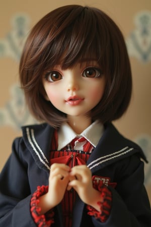 A cute doll with a cheeky expression, wearing a traditional school uniform. The doll is framed in a mid-shot, capturing her playful demeanor and the details of her outfit. Soft, warm lighting highlights her mischievous smile and the vibrant colors of the uniform. The composition centers on the doll, with a slight tilt to add a dynamic feel. The background is a subtle, muted pattern to keep the focus on the doll's charm.