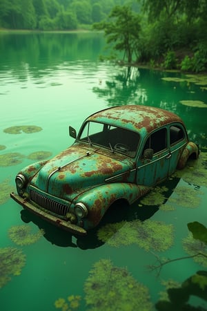 A digital scenery of a rusty car submerged inside a green lake, with algae and aquatic plants growing around it. The car is partially visible, with its rusted exterior contrasting against the vibrant green water. The composition is centered around the car, with the lake stretching out in the background. The lighting is soft, with the green tones creating a surreal and otherworldly atmosphere.