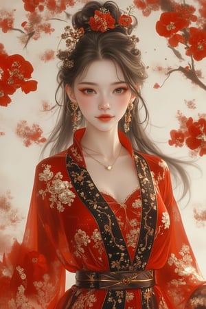 A cheeky and glossy woman, Zhang Jin, in an Oriental Chinese ink aesthetic. She stands confidently with a playful smile, dressed in traditional Chinese attire with intricate patterns. The scene is framed with soft, flowing ink strokes, capturing the essence of her expression. The lighting is soft and warm, highlighting her glossy skin and expressive eyes. The composition is balanced, with Zhang Jin at the center, surrounded by delicate ink brushwork.