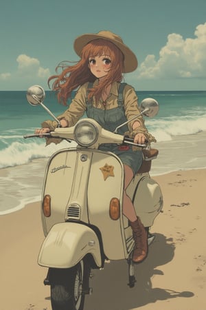 An anime scene with muted retro colors, featuring a girl dressed as a scarecrow riding a Vespa on a beach. She wears a straw hat and patched clothing, with a playful expression. The soft, warm lighting casts a nostalgic glow over the sandy shore and ocean waves. The composition captures her whimsical pose and the serene beach setting, with subtle details of the Vespa and the muted retro palette enhancing the scene's charming atmosphere.