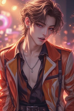 Anime style, exquisite male character, K-pop idol, happy and charming, medium shot,舞台上, vibrant stage lighting, trendy outfit with bold patterns, catchy hairstyle, confident smile, energetic atmosphere, focus on charisma and stage presence, intricate details in fashion, emphasis on the character's joyful and captivating performance.