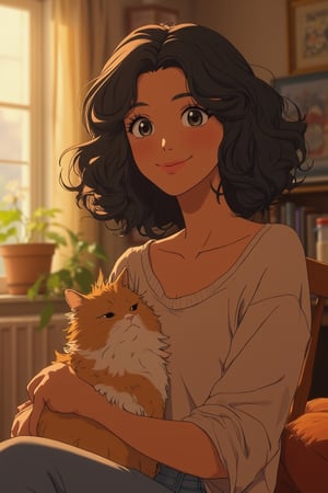 vibrant Moe anime scene of a beautiful woman with large, glossy eyes and black curly wavy hair, happily petting her fluffy cat on her knee. She sits comfortably on the floor in a cozy, sunlit room, surrounded by warm, inviting decor. The scene is framed mid-shot, capturing her radiant smile and the soft, warm lighting that highlights her joyful expression. The background is a homely interior with personal touches, creating a serene and comforting atmosphere. Her cat is equally content, adding to the warm and cozy composition.