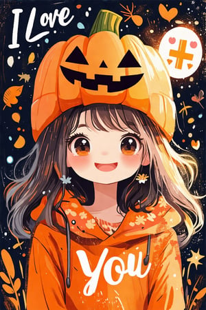 (I Love You) text and 🎃 emoji installation in doodle art style, featuring a girl wearing a cute pumpkin hat. The scene is vibrant with playful, bright lighting. The composition centers on the girl's joyful expression and festive hat, set against a whimsical, hand-drawn background. The overall atmosphere is lively and engaging, perfect for a text and emoji installation.