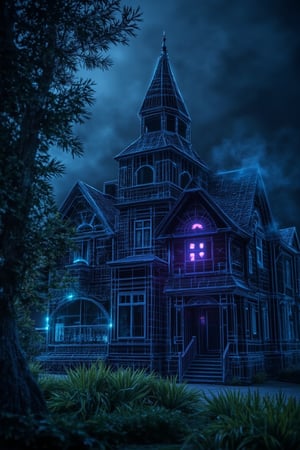 A digital wireframe rendering of a spooky bungalow haunted house, showcasing its eerie design and intricate details. The house's facade, windows, and gothic elements are clearly outlined in a crisp wireframe, highlighting its haunted appearance. The scene is bathed in dim, ambient light, casting eerie shadows and emphasizing the house's mysterious features. The composition is dynamic, with the bungalow positioned prominently against a dark, misty background. The wireframe details are precise, allowing the viewer to appreciate the house's haunted atmosphere and structural complexity.