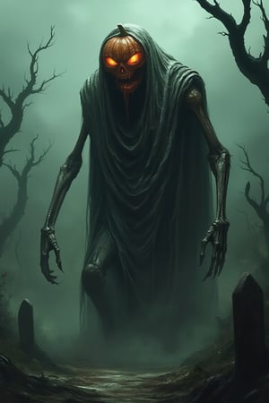 A towering eldritch monster, a skeletal figure draped in a tattered, ghostly robe, walks through a desolate, fog-covered graveyard. The creature's head is a carved Halloween pumpkin, its eyes and mouth glowing with an eerie, orange light. The scene is bathed in an unsettling, greenish light, with twisted tombstones and skeletal trees framing the monster. The composition is dynamic, capturing the skeletal figure mid-stride, its bony hands clutching the torn robe, with a low-angle shot to emphasize its immense size and terror.