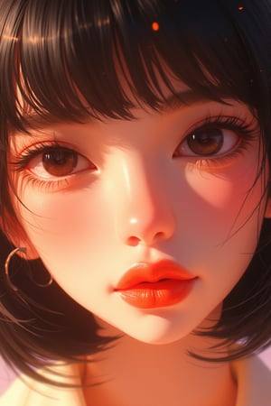 Close-up shot of a cheeky girl with glossy lips and bob hair, depicted in the NijiMax style. The scene is brightly lit, focusing on her expressive eyes and delicate features. The composition centers on her face, capturing the whimsical and dreamy essence of the NijiMax art style.