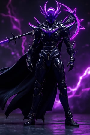 Full body shot of a Neo Genetic Cyberpunk Royal Guard with purple and black matte skin, chrome-shining bodywork featuring a ceramic effect, designed in the style of Mamoru Nagano and Noriyoshi Ohrai. The figure wields a long scythe weapon and is illuminated by studio lighting, showcasing polycarbonate bodywork and ceramic details with precision. Set against a dynamic, intense background, the image is rendered in hyper-realism with sharp focus, emphasizing minimalist, intricate details.