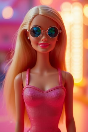 Barbie wearing round-shaped sunglasses, standing with a confident and stylish expression, the shot framed from the waist up, soft natural lighting, the composition centered on Barbie with the sunglasses reflecting a vibrant and colorful background, the outfit blending her iconic fashion with a modern twist, creating a glamorous and elegant atmosphere.