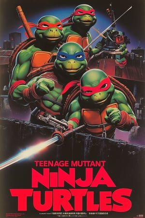 1986 Japanese anime movie poster featuring NINJA TURTLE, all characters from the Teenage Mutant Ninja Turtles series. The poster showcases a dynamic group shot of the four turtles, with vibrant colors and dramatic lighting highlighting their distinctive masks and ninja gear. The composition emphasizes their teamwork and the intense action of the scene. The background features a gritty urban environment, adding depth and context to the adventurous setting. The text is boldly placed, blending with the energetic atmosphere of the scene. The overall design captures the essence of the Ninja Turtles universe.